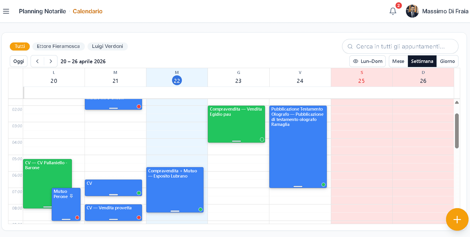 Calendario Planning Notarile, vista settimana con appuntamenti colorati per notaio